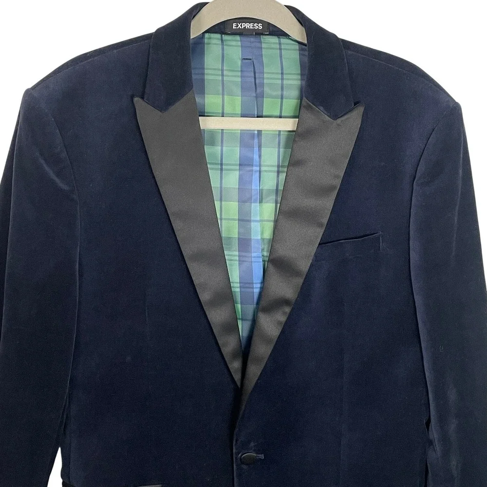 Express‎ Slim 40L Navy Velvet Tuxedo Blazer Satin Lapel Plaid Lining